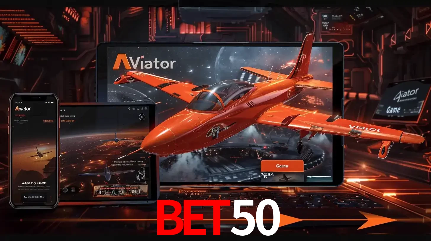 Apresentação tecnológica do jogo Aviator com um avião saindo da tela de um tablet, demonstrando a experiência imersiva em múltiplos dispositivos no BET50.