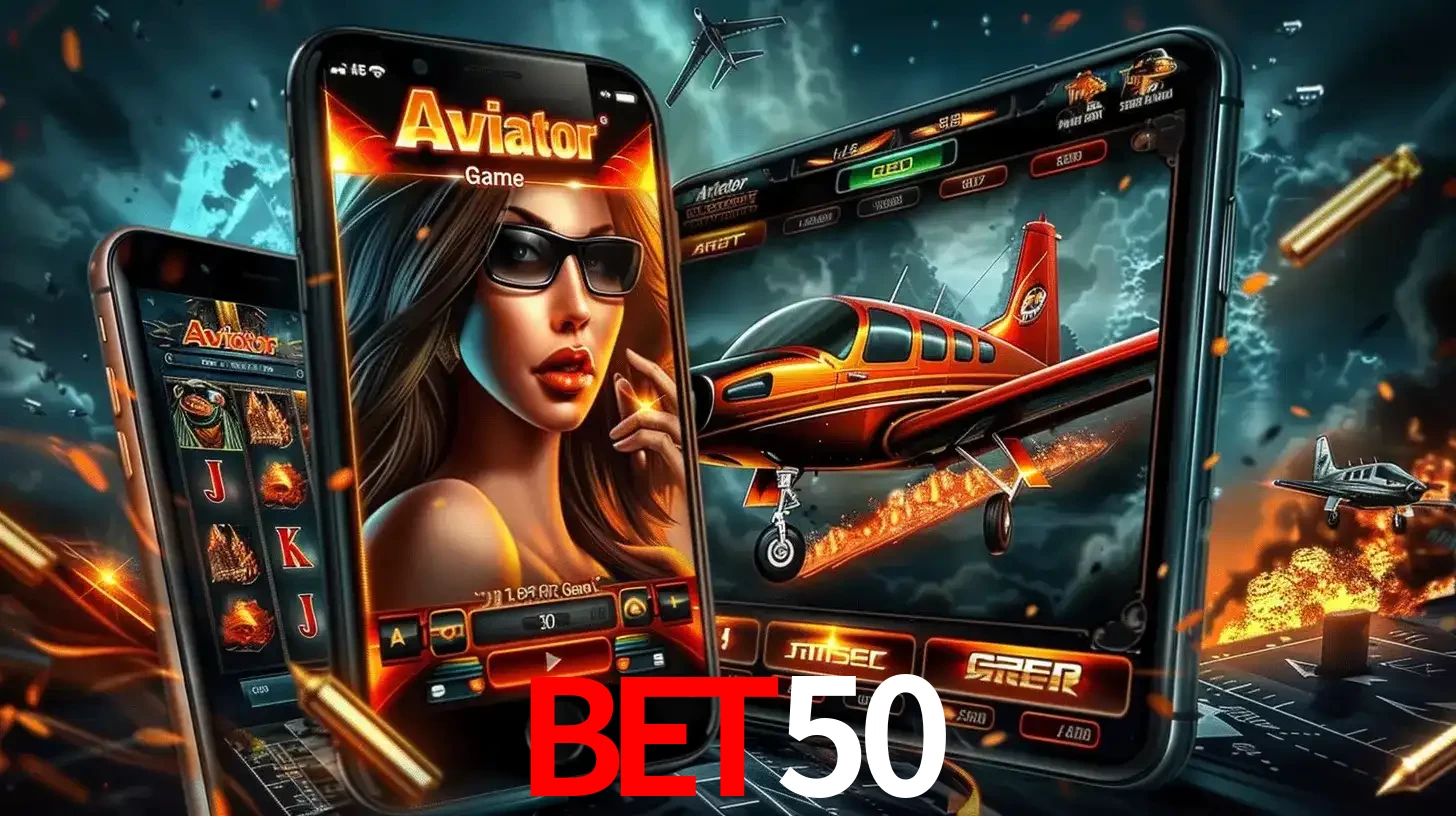 O popular jogo de apostas Aviator exibido em vários celulares e tablets, mostrando a interface emocionante e a ação de voo disponíveis para jogar agora no BET50.