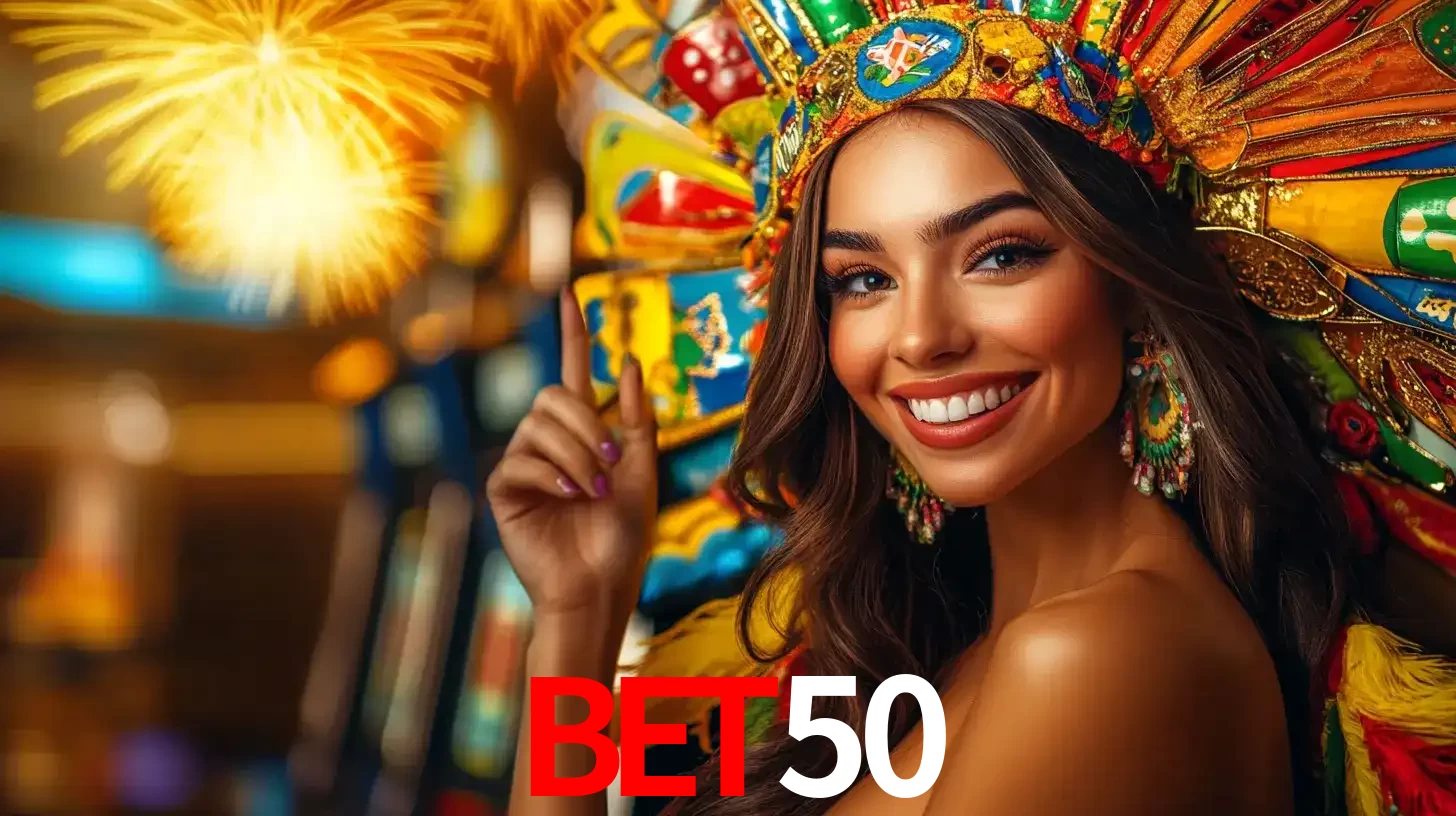 Mulher sorridente com um cocar de carnaval vibrante e colorido, celebrando uma grande vitória nos jogos do cassino BET50 com fogos de artifício ao fundo.