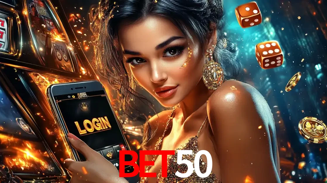 Mulher glamourosa segurando um celular com a tela de login do cassino BET50, rodeada por dados e moedas douradas, pronta para começar a diversão.
