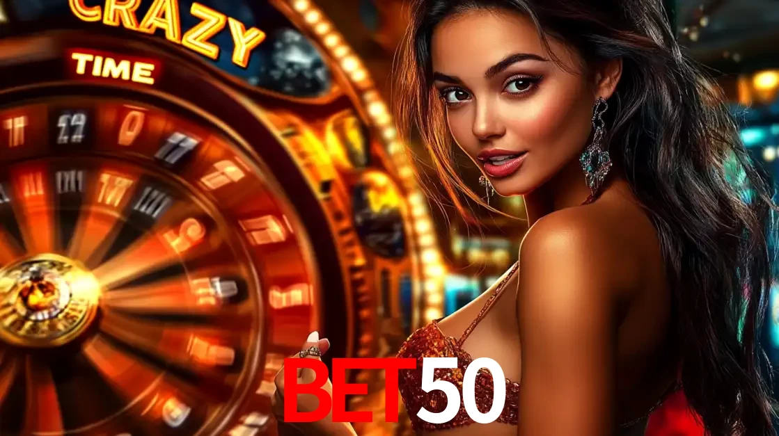 Mulher ao lado da roda de prêmios do jogo de cassino ao vivo Crazy Time, um dos shows de jogos mais emocionantes oferecidos pela plataforma de apostas BET50.