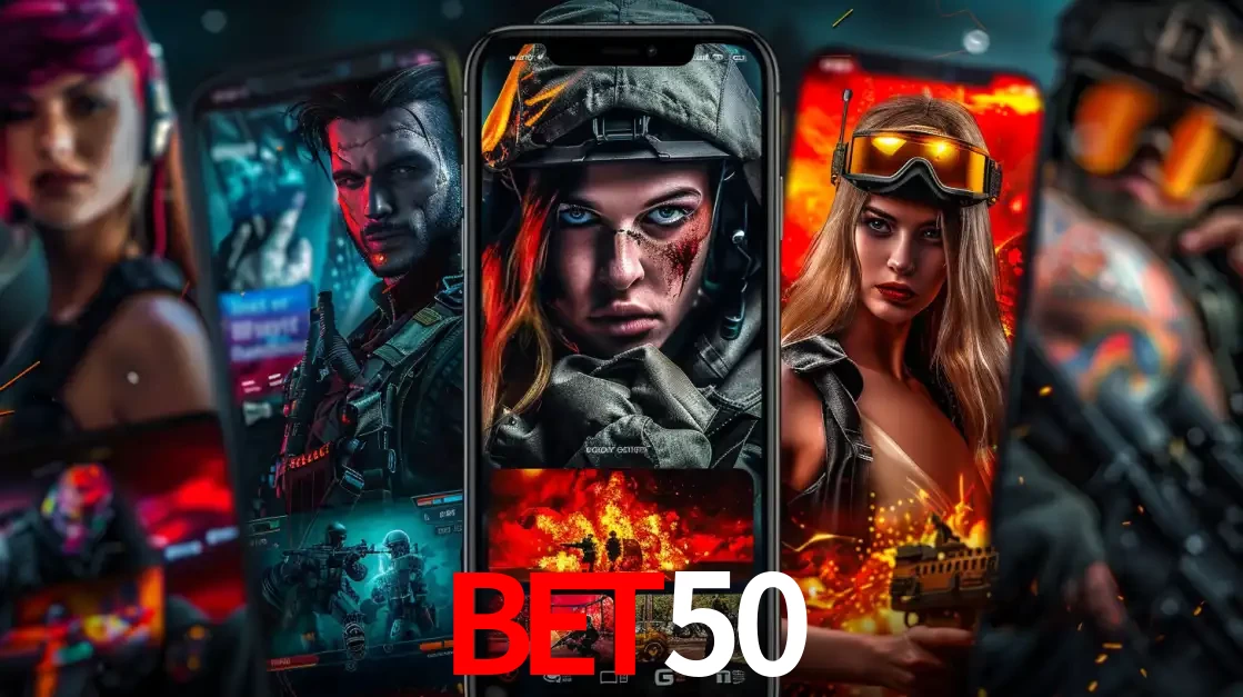 Montagem de telas de celular mostrando diversos personagens, masculinos e femininos, de um jogo de tiro, ilustrando a diversidade de equipes de e-sports para apostar no BET50.