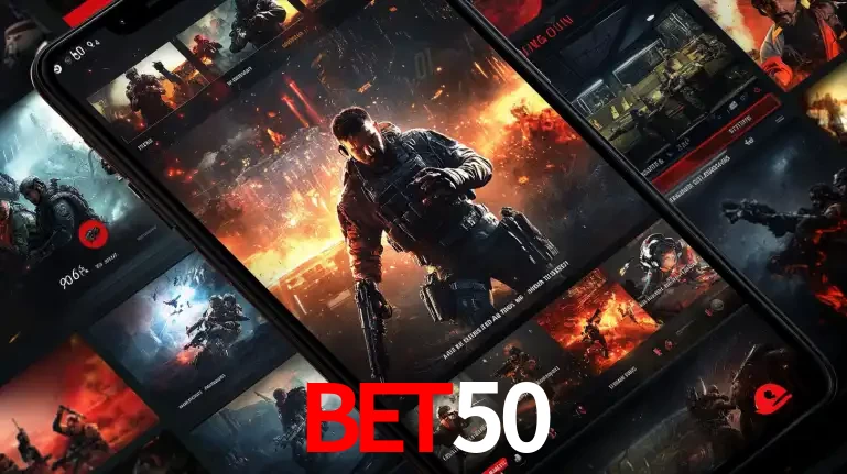 Tela de um celular exibindo uma galeria de jogos de tiro com temática militar, mostrando a variedade de e-sports disponíveis para apostas na plataforma de entretenimento BET50.