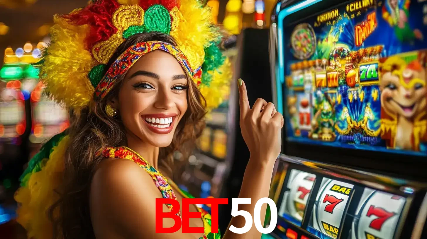 Mulher animada com um cocar de carnaval apontando para uma máquina de caça-níqueis, mostrando a emoção de ganhar um grande prêmio nos jogos do BET50.