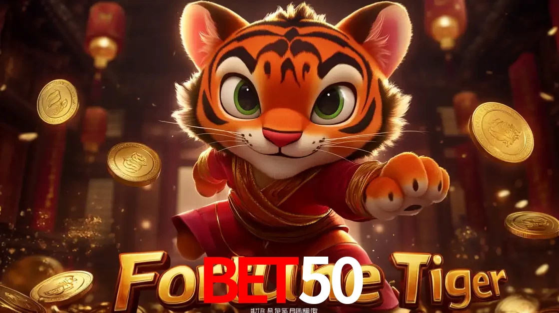 O carismático mascote do jogo de slot Fortune Tiger, um tigre fofo em pose de artes marciais, pronto para trazer sorte e multiplicadores de ganhos no cassino online BET50.