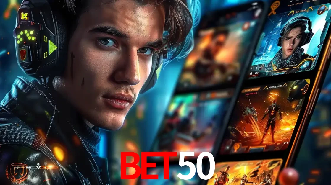 Jovem jogador com fones de ouvido olhando para a câmera, com um aplicativo de jogos e e-sports para celular ao fundo, pronto para a competição e apostas no BET50.