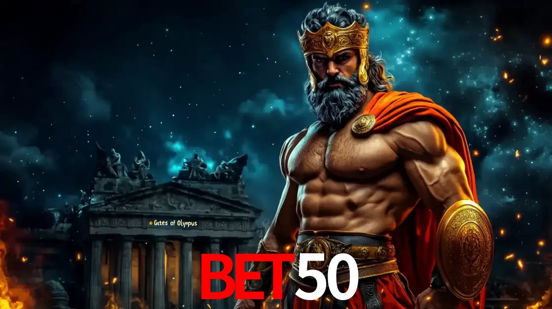 O poderoso Zeus do jogo de slot Gates of Olympus em frente ao seu templo, pronto para lançar multiplicadores divinos e prêmios épicos no cassino online BET50.