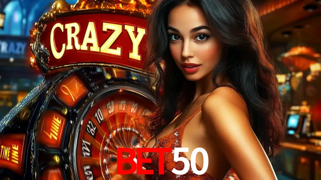 Mulher glamourosa olhando para a câmera com a roda vermelha do Crazy Time ao fundo em um ambiente de cassino, destacando a emoção dos jogos ao vivo no BET50.