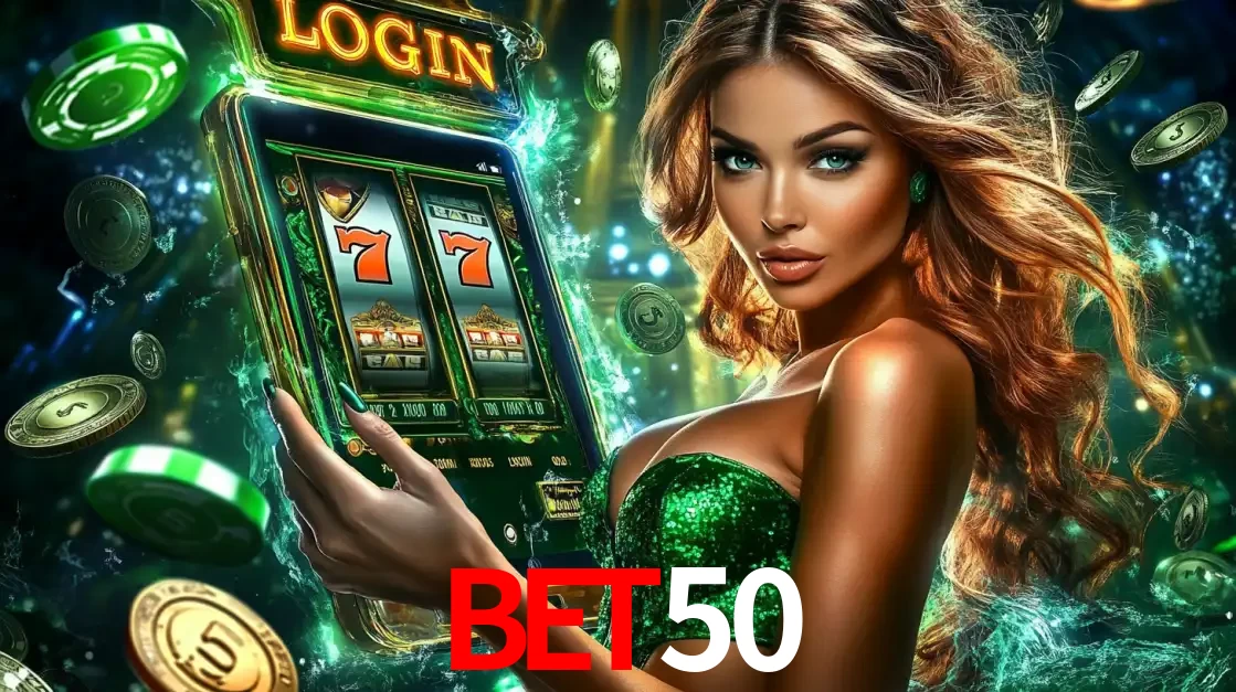 Mulher com tema verde apresentando o aplicativo do cassino BET50 com um jogo de slot de 777, cercada por fichas de cassino e uma aura de sorte.