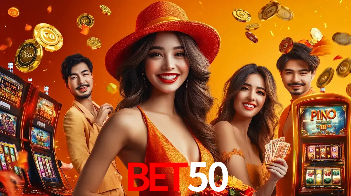 Grupo de amigos asiáticos sorrindo e se divertindo com máquinas de caça-níqueis em um ambiente festivo, celebrando suas vitórias nos jogos de cassino do BET50.