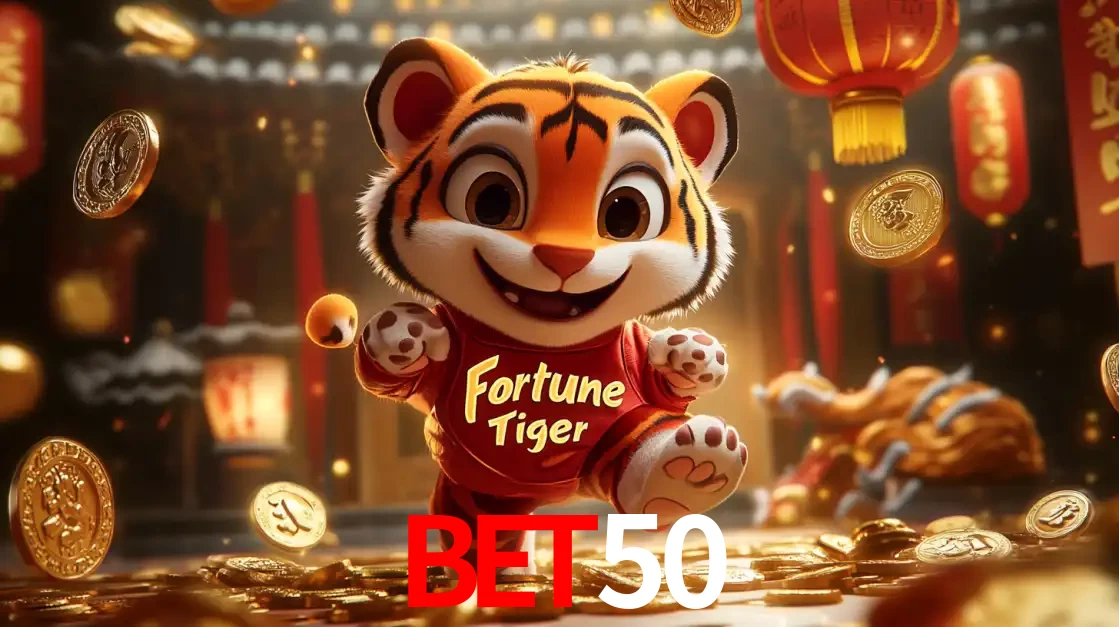 O alegre personagem do Fortune Tiger correndo sobre um caminho de moedas de ouro, simbolizando os grandes prêmios e a diversão do popular jogo de slot do BET50.