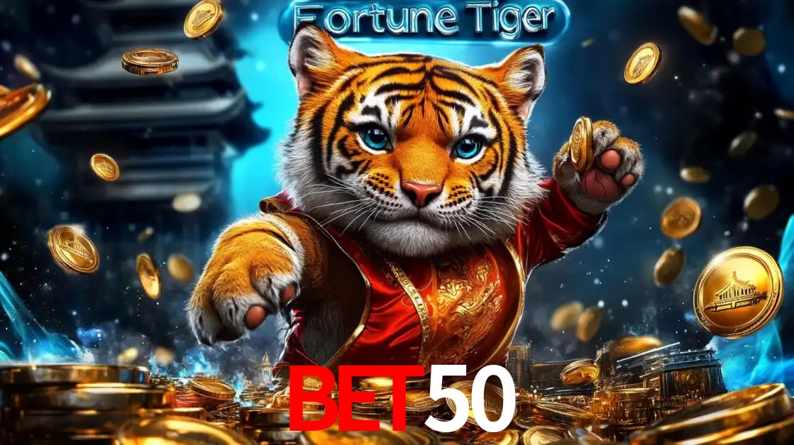 Imagem promocional do jogo de slot Fortune Tiger, com um tigre majestoso em traje tradicional cercado por uma fortuna em moedas de ouro, disponível agora no cassino BET50.