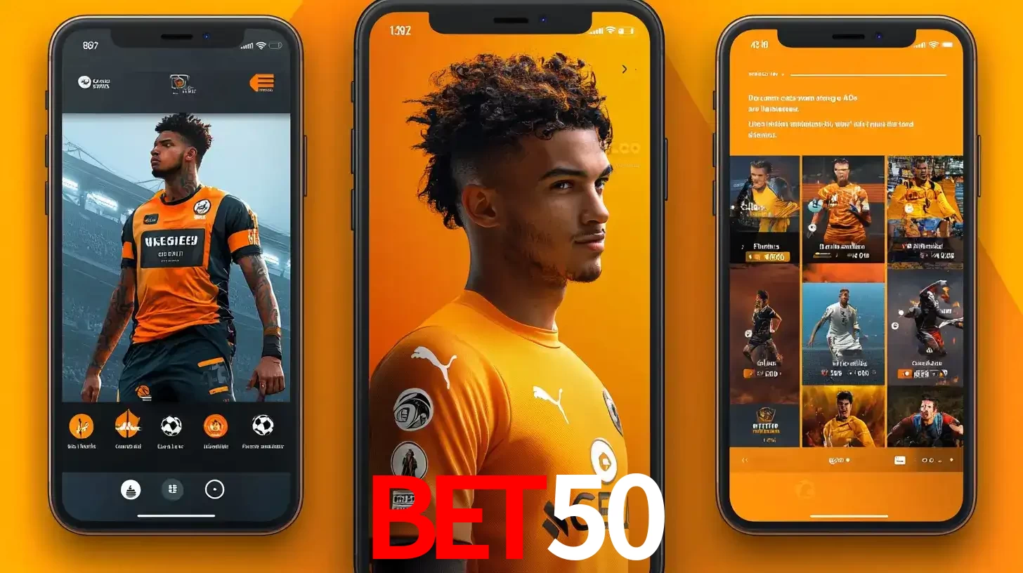 Interface do aplicativo de apostas esportivas BET50 em três telas de celular, mostrando o perfil de um jogador de futebol e a lista de jogos disponíveis para apostar.