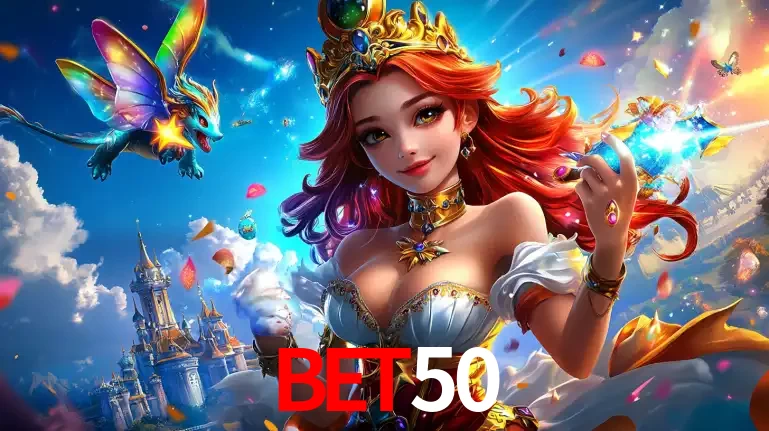 A princesa de um reino de fantasia mágico, com seu pequeno dragão, apresentando um mundo de prêmios encantados nos jogos de caça-níqueis do cassino BET50.