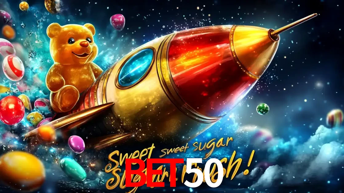 Arte promocional do jogo de slot Sugar Rush, com um urso de pelúcia em um foguete viajando pelo espaço de doces, um dos jogos divertidos disponíveis no cassino BET50.