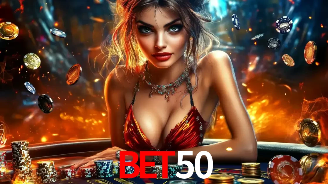 Mulher em uma mesa de cassino com pilhas de fichas e um fundo de fogo, pronta para uma rodada de altas apostas nos jogos de mesa emocionantes do cassino BET50.