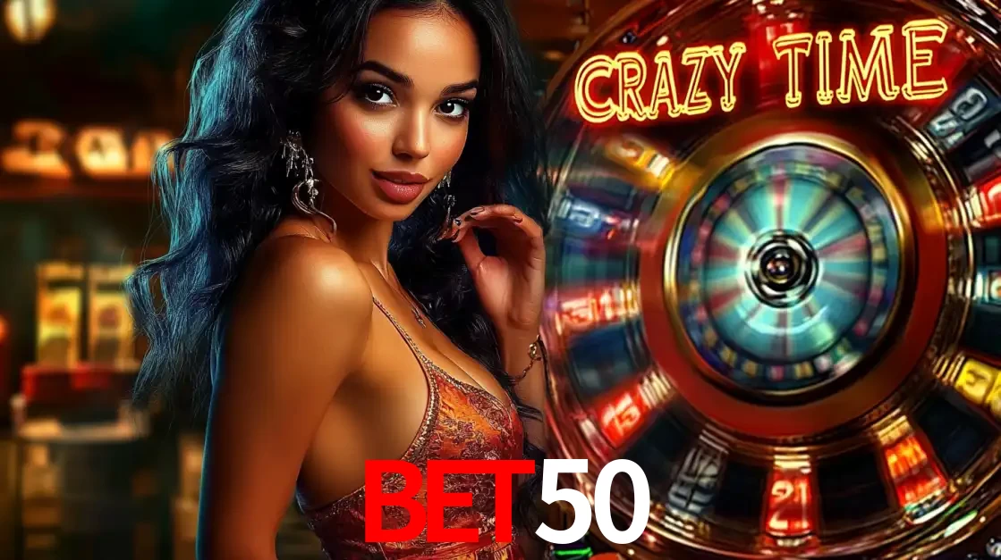 Mulher elegante ao lado da vibrante roda da fortuna do jogo de cassino ao vivo Crazy Time, um dos game shows mais populares e cheios de prêmios do BET50.