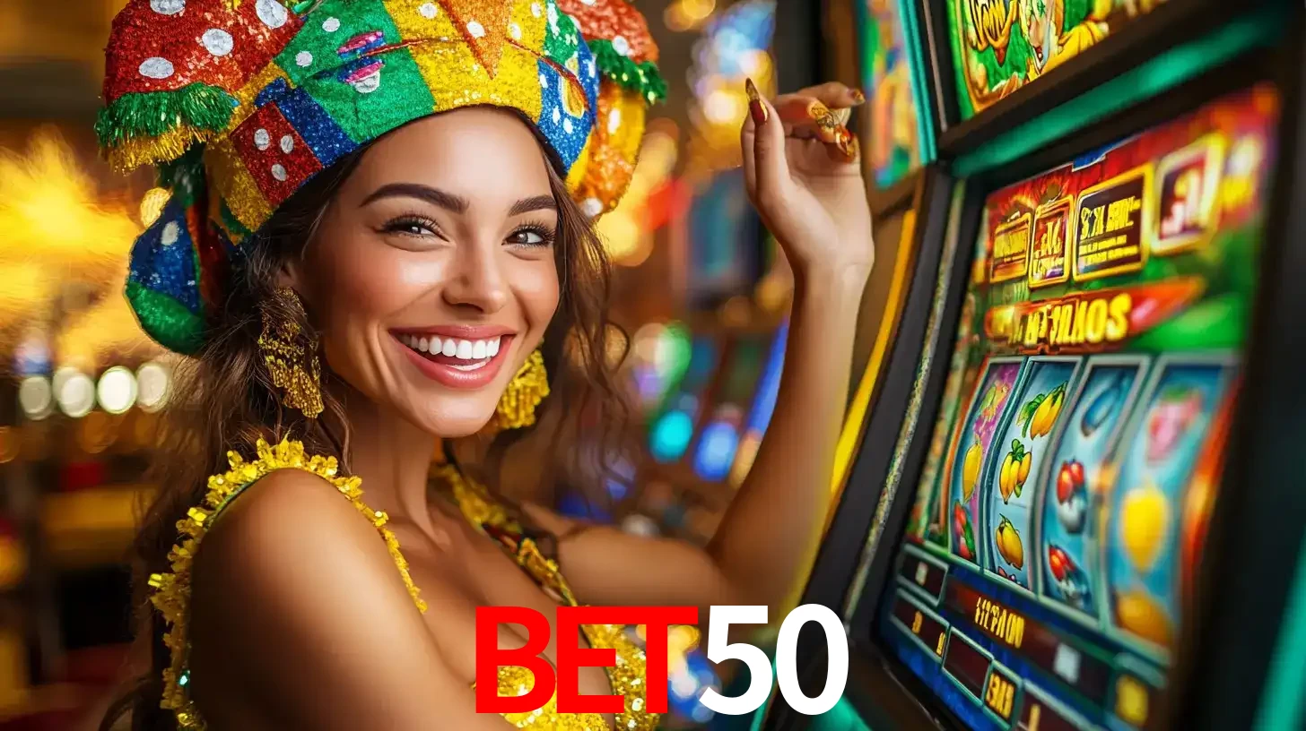 Mulher feliz com traje de carnaval amarelo e colorido ao lado de uma máquina de caça-níqueis, aproveitando a diversão e os jogos temáticos do cassino BET50.