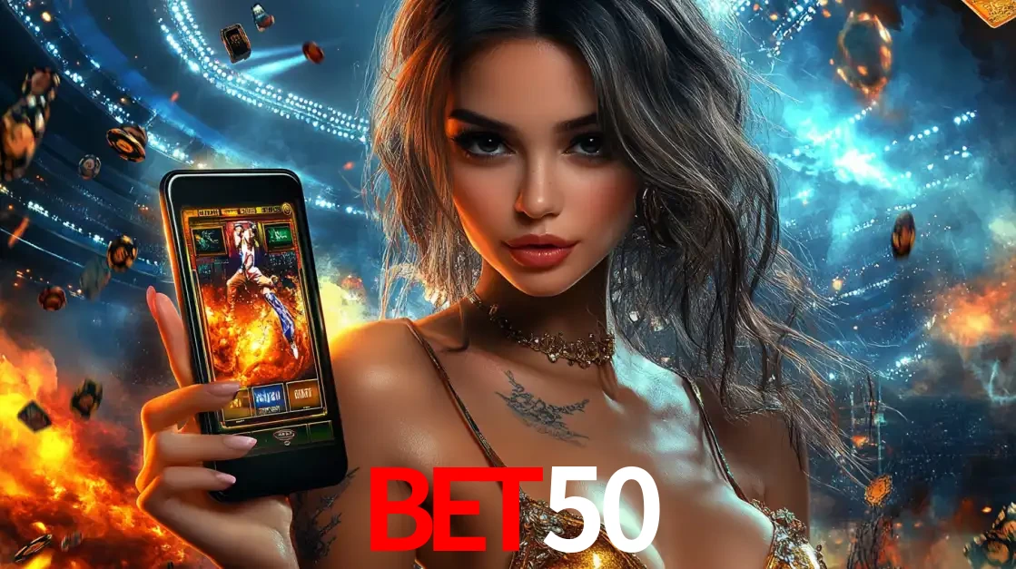 Mulher segurando um celular com um jogo de slot em destaque, tendo como fundo um estádio vibrante, simbolizando a emoção de jogar no cassino móvel BET50.
