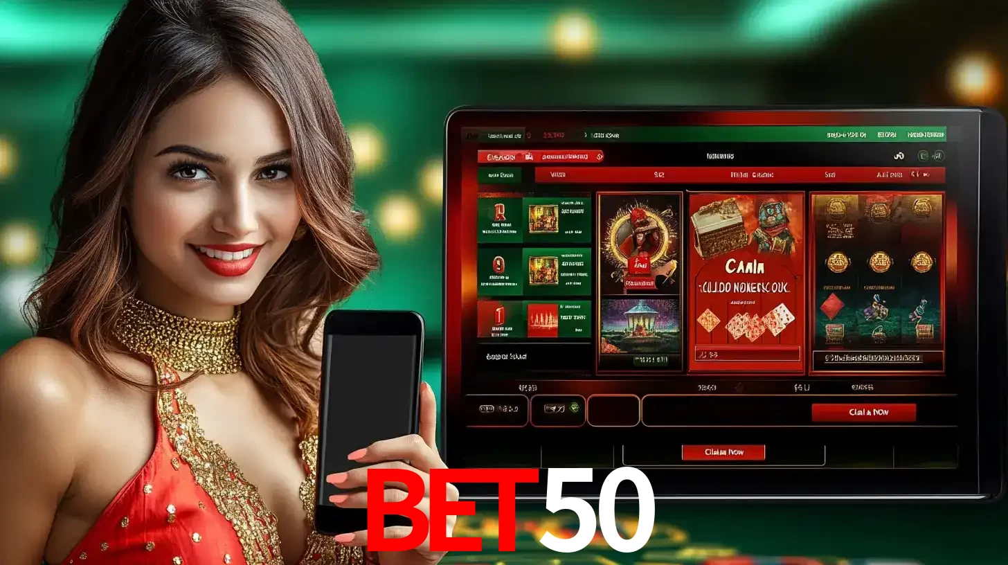 Mulher sorridente segurando um smartphone, ao lado de uma tela exibindo o lobby de jogos do cassino online BET50, com várias opções de jogos de cartas e slots.